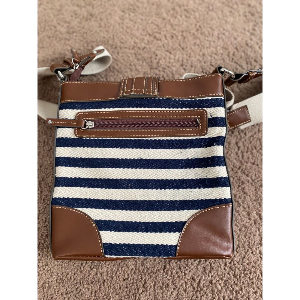 Chaps Navy and White Striped Crossbody with Brown Trim